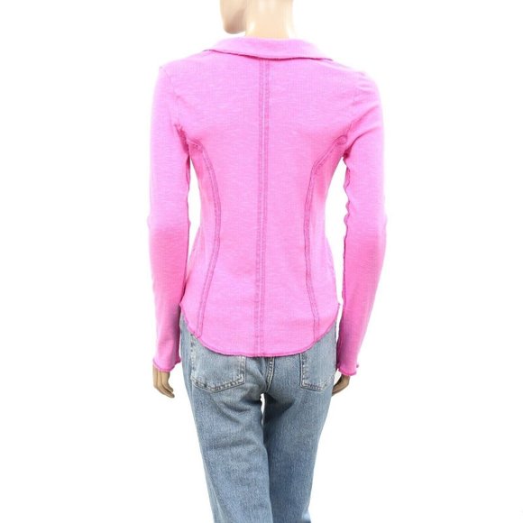 Pilcro Anthropologie Stitched Long-Sleeve Top Pink Collared Solid XXS - Picture 5 of 7